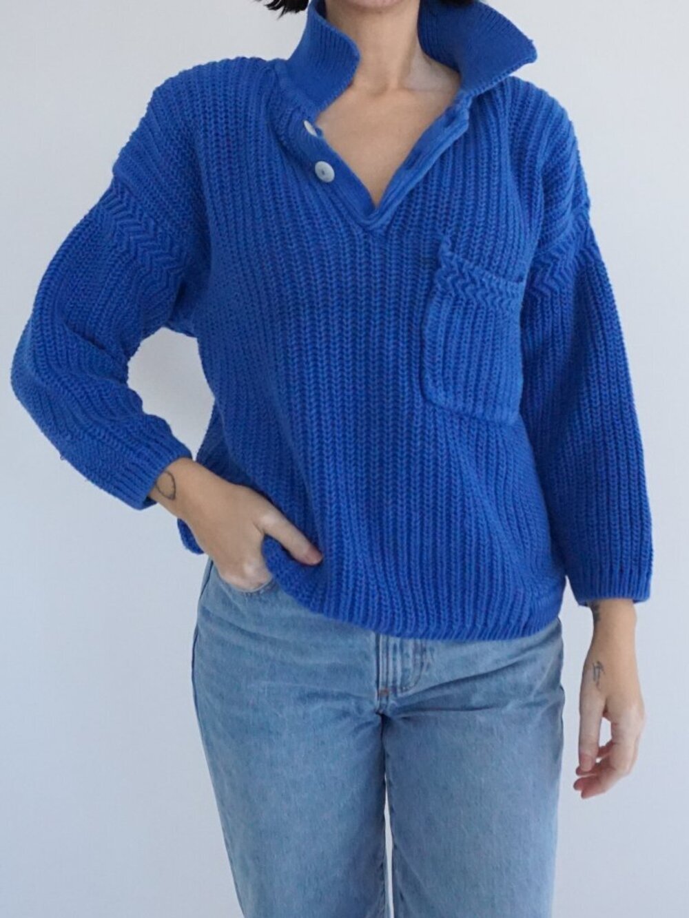 Vintage Tarazzia Blue Collared Button Placket Knit Sweater Cotton Blend Pocket M